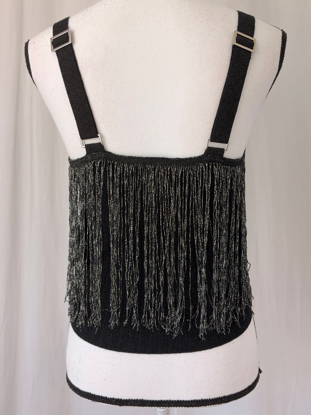 Fab’rik Black Silver Metallic Fringed Crop Ribbed Square Neck Tank Top Sz Medium - Picture 5 of 17